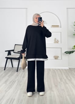 9636 - oysho kumaş bol paça pantolonlu takım - siyah
