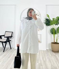 2846-terikoton kumaş-kurdele detaylı gömlek-beyaz