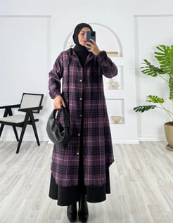 2134 N437+ekose oduncu kumaş kapüşonlu uzun tunik-MOR