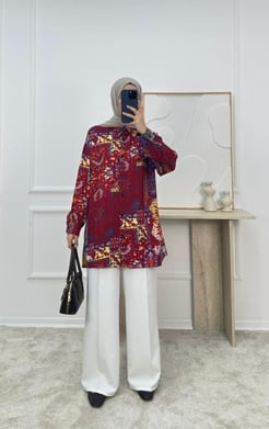 7355-viskon kumaş etnik desen tunik-bordo