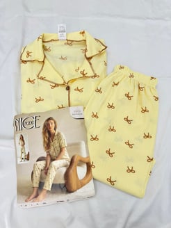 ç6902-bürümcük kumaş gömlek yaka kısa kollu pijama takımı-sarı 