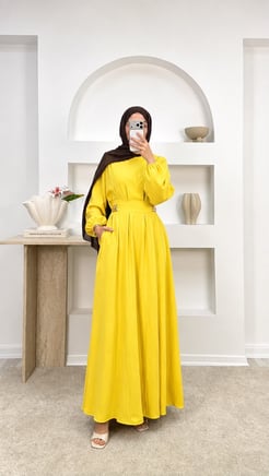 5591-lilyum kumaş yanları düğme detaylı elbise-sarı