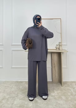 9130 - kristal kumaş cepli tunik pantolonlu takım - gri