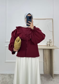 1648-terikoton kumaş fırfırlı gömlek-bordo