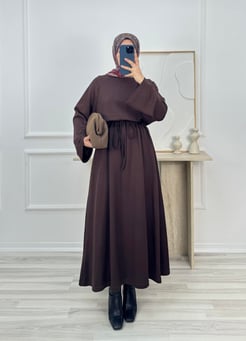 9026-oysho kumaş beli büzgülü elbise-acı kahve