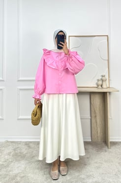 1648-terikoton kumaş fırfırlı gömlek-pembe