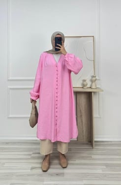 9960-önü düğmeli biyeli modal cupra tunik-pembe