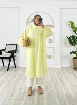4163-keten kumaş-kemerli uzun tunik-sarı