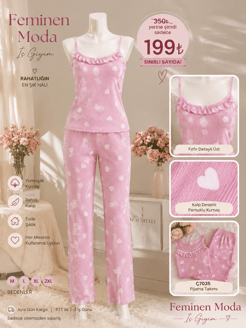 ç7035-bürümcük kumaş ip askılı kalpli pijama takımı-pembe 