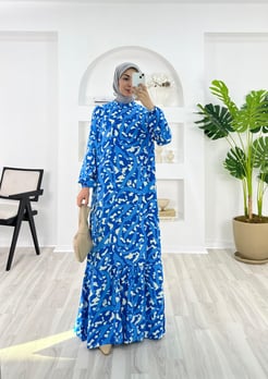 1957-pamuk viskon kumaş-etnik desenli etek altı fırfırlı elbise-mavi