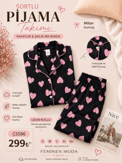 ç5586- lizbon milan kumaş gömlek yaka pijama takımı-siyah