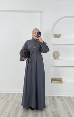 4756 sukuba krep kumaş önü düğmeli elbise-gri