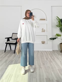 1499 - iki iplik kumaş kalpli sweatshirt - beyaz  -  