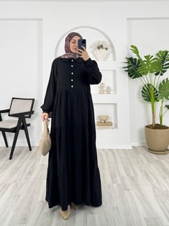 2563-kaş kumaş-yaka detaylı kemerli elbise-siyah