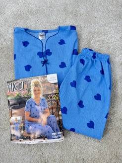 ç6630-bürümcük kumaş gömlek yaka kısa kollu pijama takımı-mavi