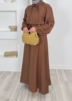 1282-modal kumaş önden bağlamalı elbise-acı kahve