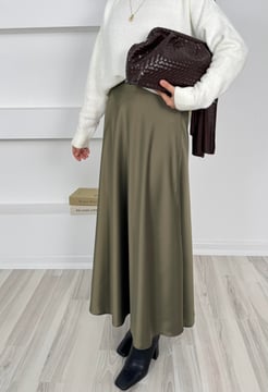 1697-beli lastikli saten etek-yağ yeşili