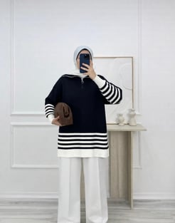 2162-fermuar yaka çizgili triko tunik-siyah