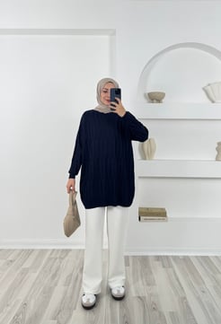 3174 simit yaka triko tunik -lacivert