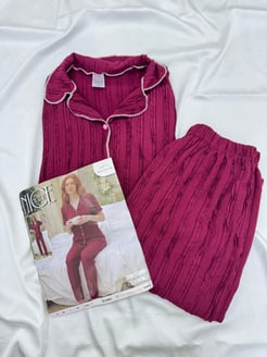 ç6840-bürümcük kumaş gömlek yaka kısa kollu pijama takımı-bordo