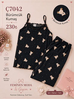 ç7042-bürümcük kumaş ip askılı pijama takımı-siyah
