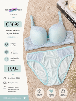 ç5698-destekli dantelli sütyen takımı-su yeşili 