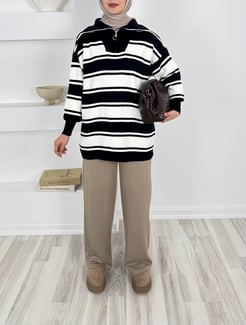 2161 -önü fermuarlı çizgili triko tunik-siyah