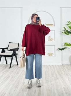5236-oysho kumaş-balıkçı yaka düz model tunik-bordo