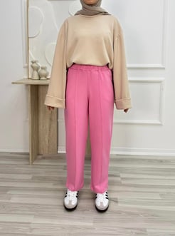 6472-osyho kumaş-çizgi detaylı cepli bol paça eşofman-pembe