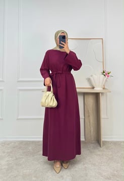 0183-tencel kumaş kuşaklı düz elbise-bordo