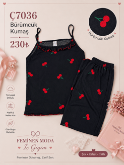 ç7036-bürümcük kumaş ip askılı kirazlı pijama takımı-siyah