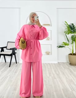 8405-dubai kumaş-seyyar kemerli pantolonlu takım-pembe