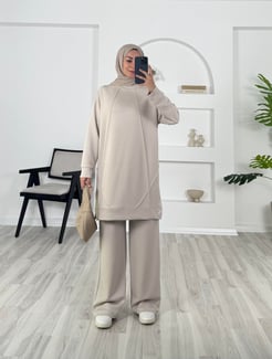 7321 -oysho kumaş önü çımalı bol paça pantolonlu takım - taş 
