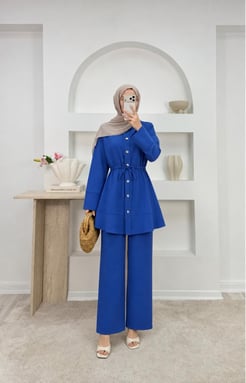 1319-ayrobin kumaş beli büzgülü pantolonlu takım-mavi