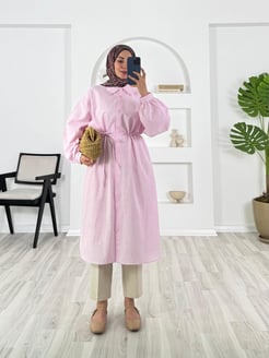 4163-keten kumaş-kemerli uzun tunik-pembe
