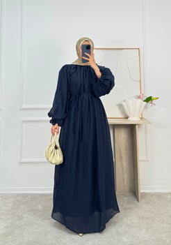 1792-kuşaklı kurdele detaylı tül elbise-lacivert 
