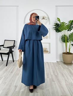 5247-keten kumaş-etekli takım-mavi