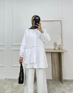 5985-poplin kumaş yandan taşlı tunik -beyaz