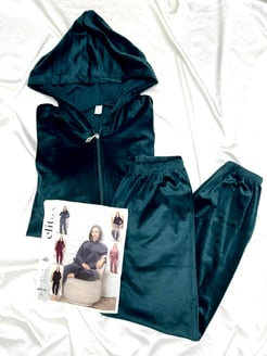 ç8551-kadife kumaş fermuarlı kapüşonlu pijama takımı-yeşil