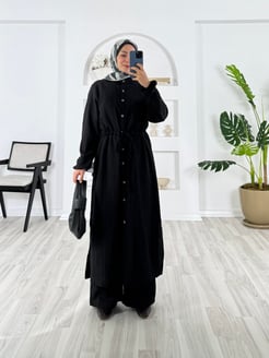 3812-kirinkıl kaş kumaş-beli büzülebilir boydan düğmeli pantolonlu takım-siyah