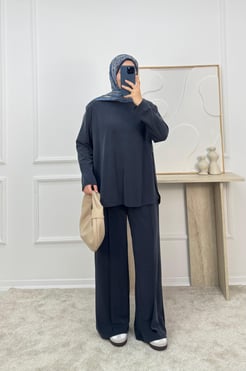 2649-oysho kumaş yanı yırtmaç detaylı pike pantolonlu takım-füme