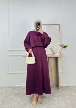7420-saten kumaş bağlamalı yaka etekli takım-bordo