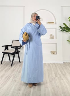 4652 - poplin kumaş yaka detaylı uzun kimona ceket - mavi