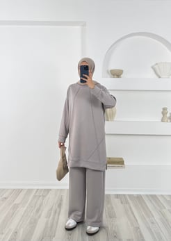 7321 -oysho kumaş önü çımalı bol paça pantolonlu takım - gri