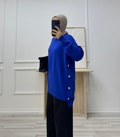 2183-kenarları gold düğme detaylı triko tunik-mavi