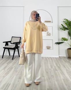 5393 - iki iplik kumaş önü boncuklu tunik - sütlü kahve 