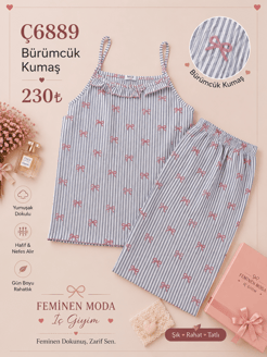 ç6889-bürümcük kumaş ip askılı pijama takımı-gri 