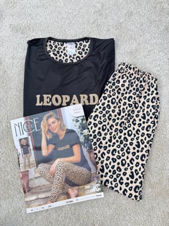 ç6652-milan kumaş kısa kollu leopar pijama takımı-siyah