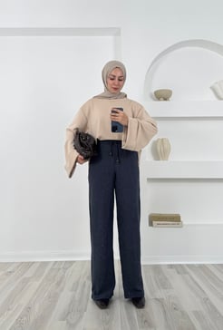 6683  beli lastikli panama pantolon-lacivert