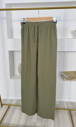 1814-babıl kumaş beli lastikli  pantolon-yeşil 